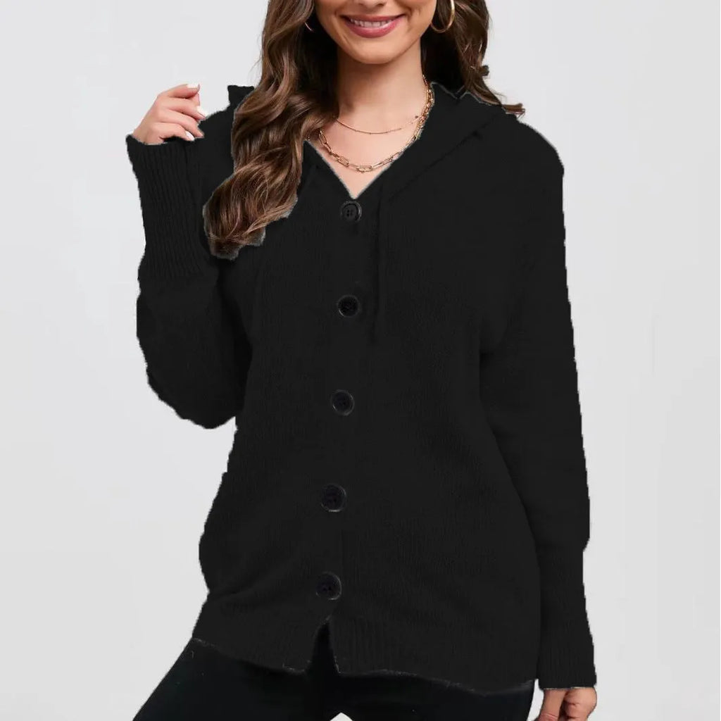 Women's loose fit hooded cardigan sweater in thick cotton, shown in a solid colour.