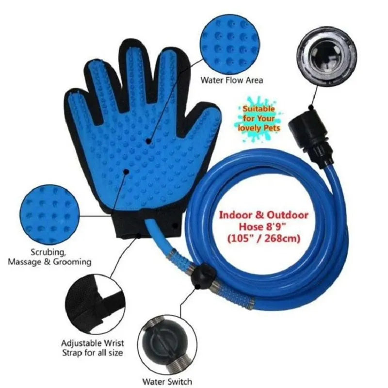 Blue handheld pet shower head with silicone massage glove, 7.5 ft hose and two faucet adapters for dog and cat bathing