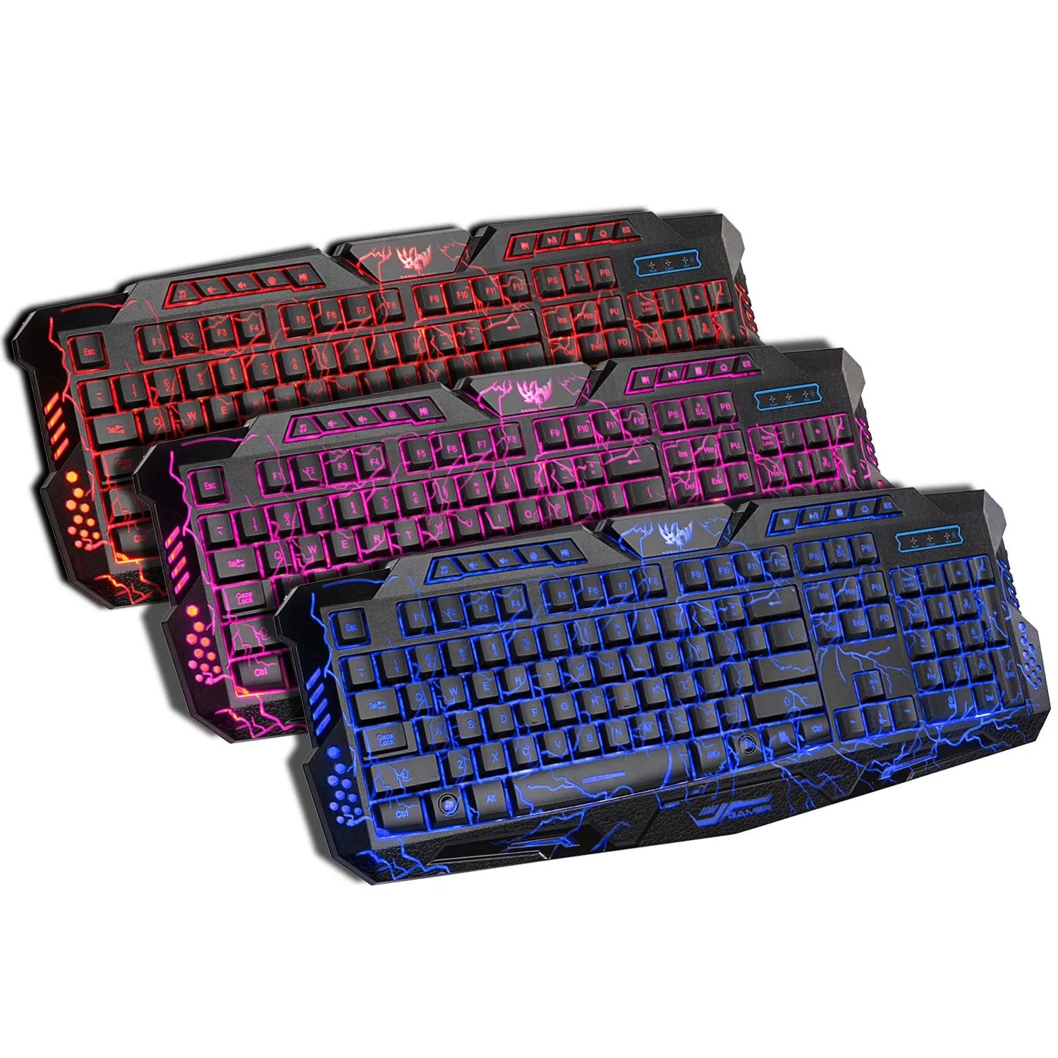 Black backlit gaming keyboard with crack design and three-colour adjustable backlight on a desk