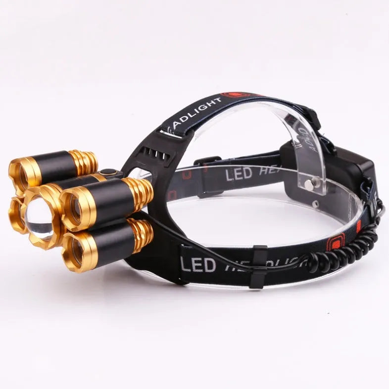 Gold or silver LED head torch with adjustable focus and head strap, shown with optional sensor switch and 18650 batteries.