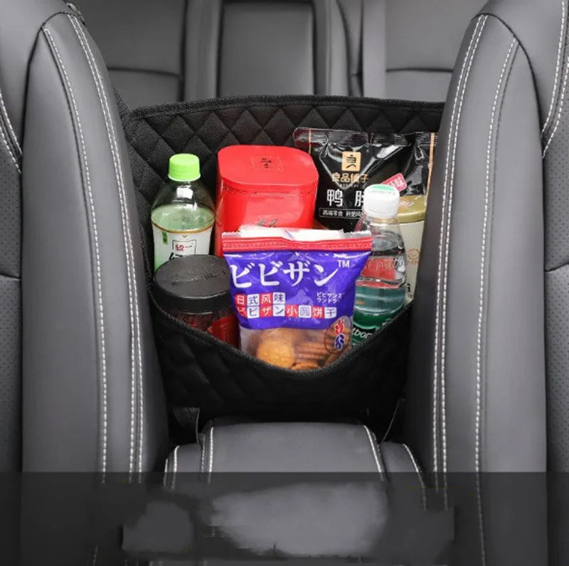 Black nylon car seat storage net pocket between front seats, 27x39x10cm universal fit