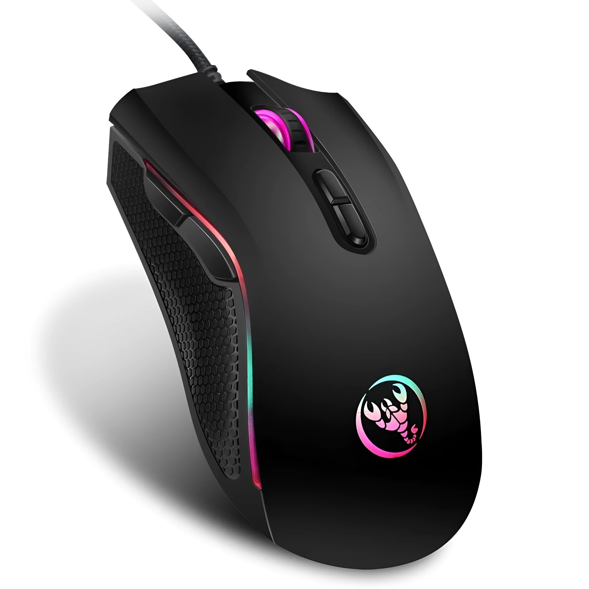 Black wired ergonomic gaming mouse with seven buttons, four-way scroll wheel, and USB cable on a desk