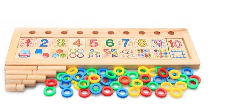 Montessori teaching log board made of rubber wood with a plastic ring, packed size 43 x 14 x 4.5 cm