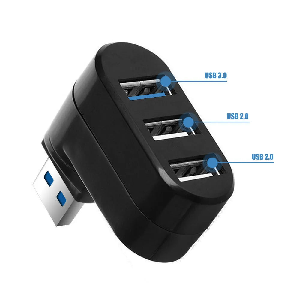 Black or white USB 3.0 rotary splitter hub with four ports on a blister card