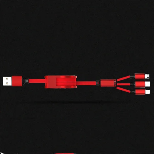 Telescopic 3-in-1 charging cable extended to 120 cm length showing TPE wire and titanium alloy connectors