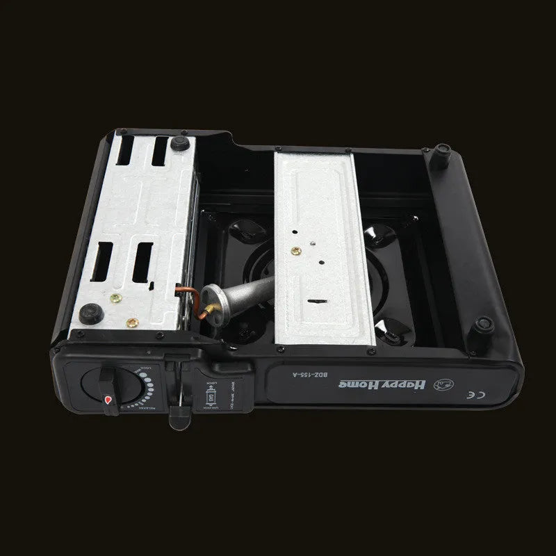 Outdoor windproof portable cassette stove in black plastic case with piezoelectric ignition and safety device