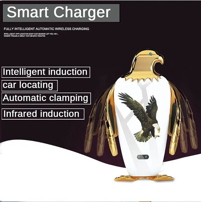 Eagle style car phone holder with wireless charging base and snap-on suction cup mount.