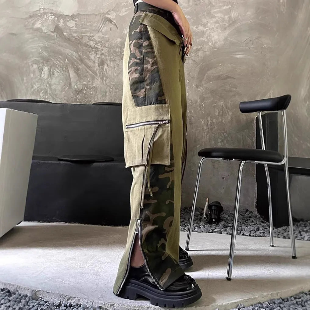 Retro high waist tooling jeans in dark khaki leopard print with contrast stitching and straight leg.