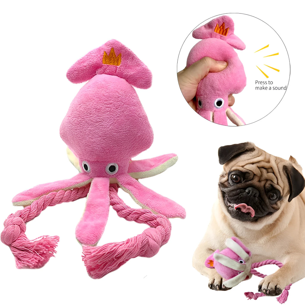 Pink squid plush dog chew toy with squeaky sound, 32cm corduroy, for small medium dogs