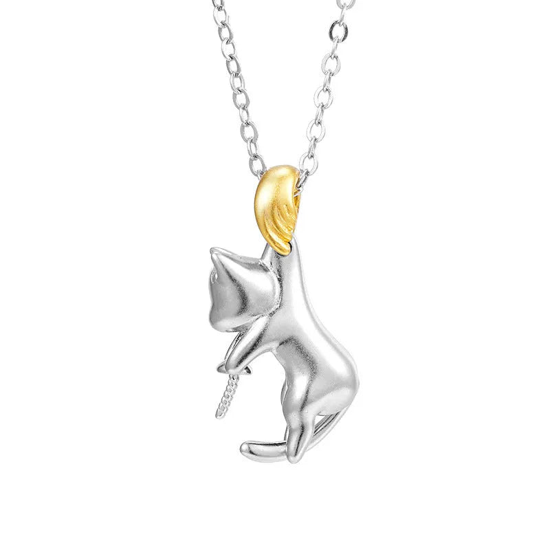 925 sterling silver clavicle chain necklace with cat pendant and pearl bead options