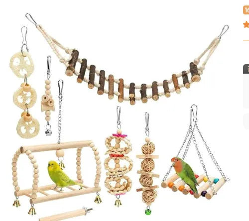 8-piece wooden parrot bite toy set with log, swing, ring, bell and string elements for small and medium birds