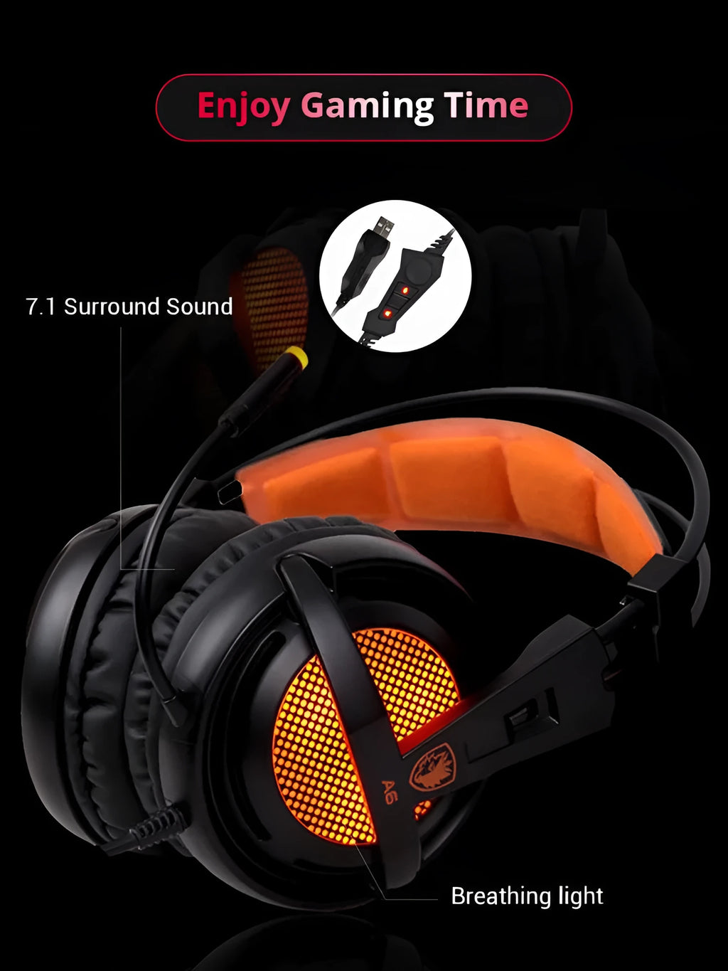 Black and white 7.1 USB gaming headset with RGB LED lights and padded ear cushions.