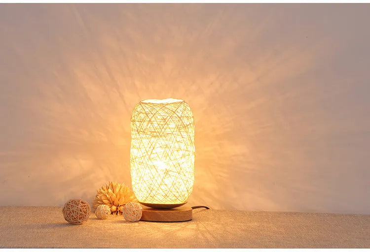 Natural hemp rope Sepak Takraw desk lamp with solid wood base