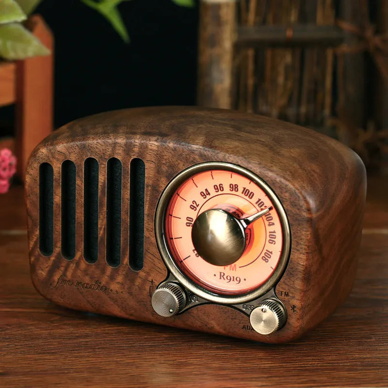 Retro wooden wireless mini speaker in cherry wood or walnut finish with compact design