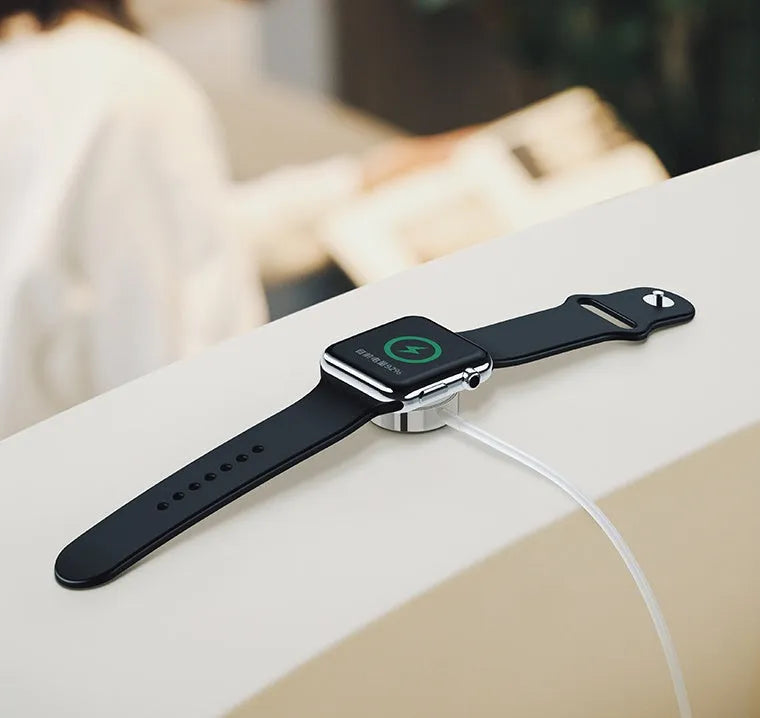 White ABS and stainless steel Apple Watch wireless charger with 1m cable and USB port