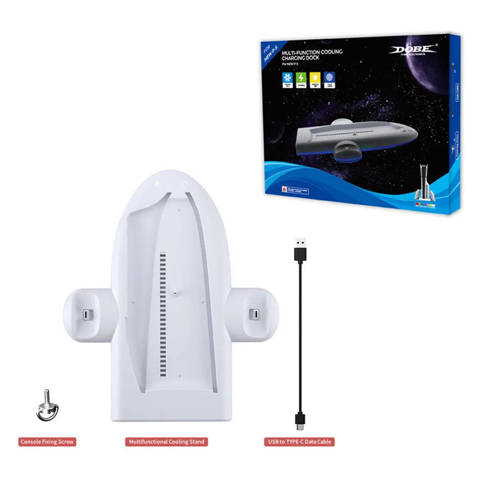 White PS5 Slim multi-function charging station with RGB ambient light and cooling fan.