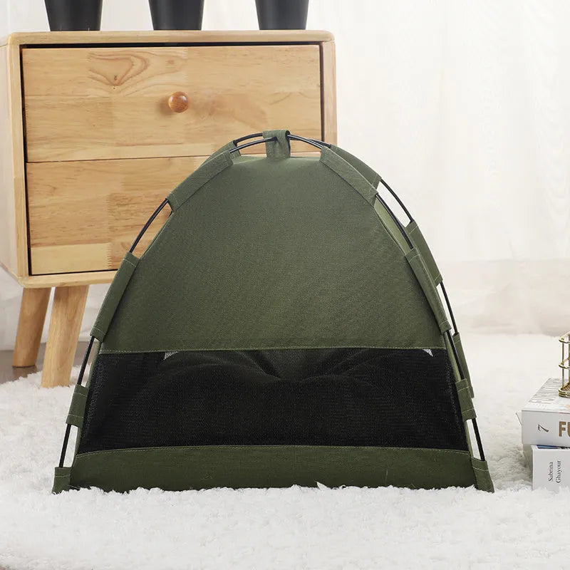 Pet tent cooling mat bed with cushion for dog or cat, military green, portable travel pet bed in L size