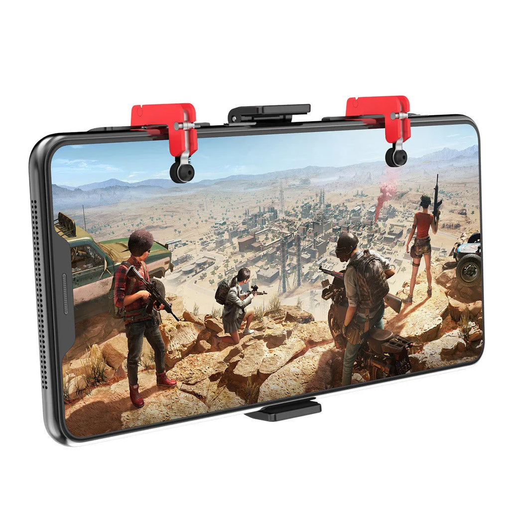 Black mobile phone gaming trigger bracket with an adjustable metal trigger and telescopic side clip.
