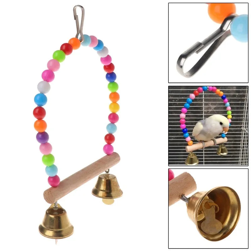 Wooden parrot swing with colourful beads, two bells, and a hanging hook, 10cm by 1.4cm by 15cm