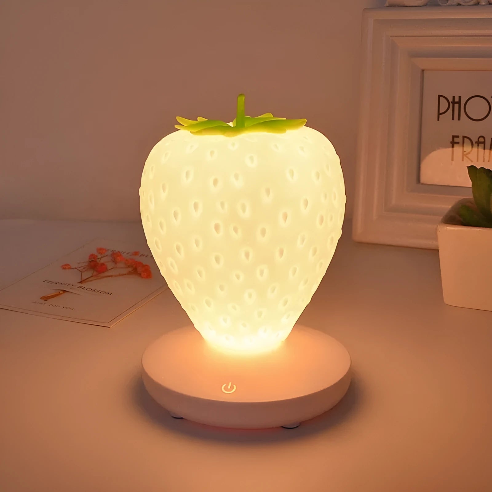 Strawberry-shaped silicone night light with USB charging, touch control, and LED glow, 10cm tall
