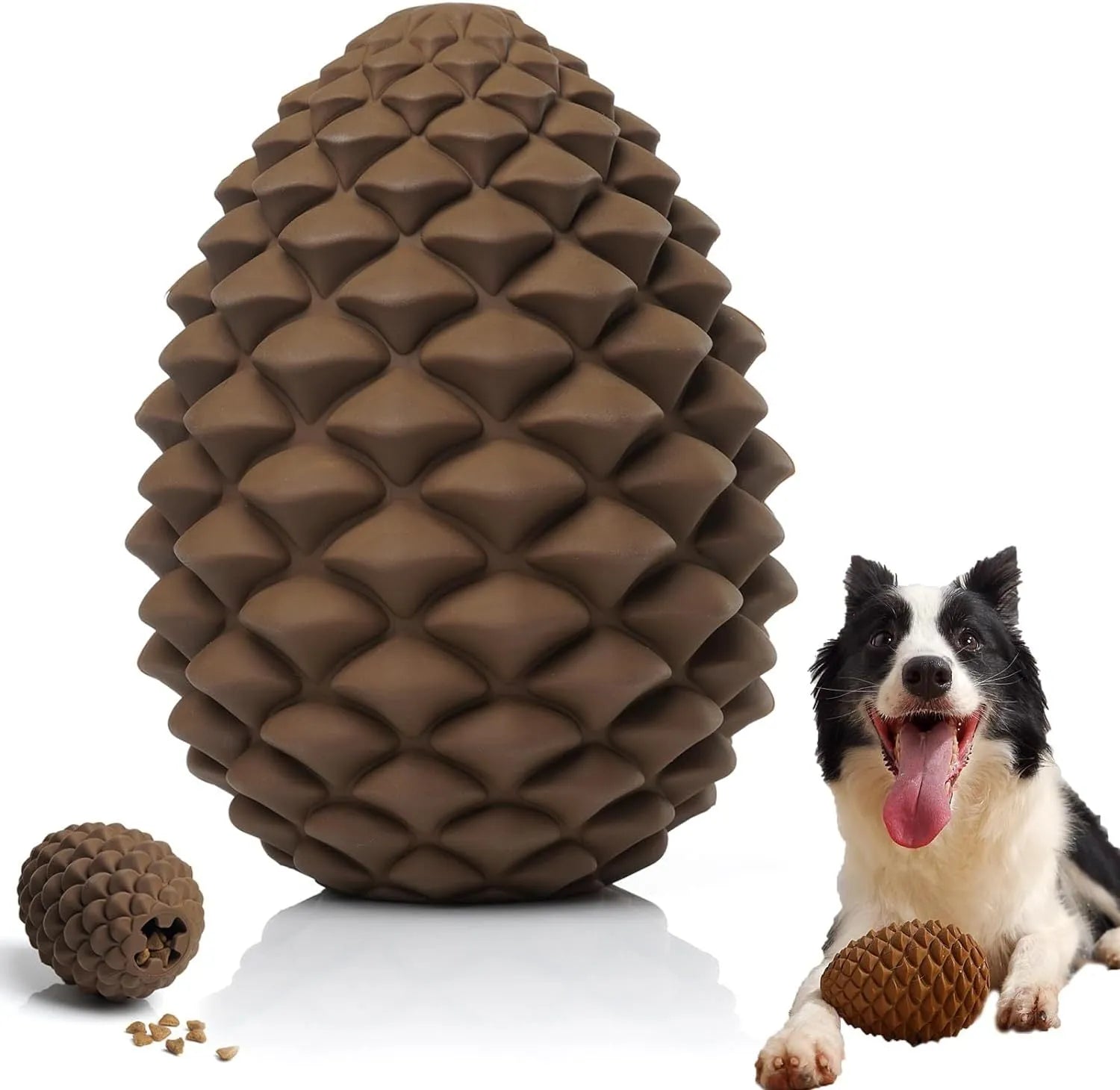 Yellow pine cone shaped natural rubber dog toy with textured surfaces and treat dispenser