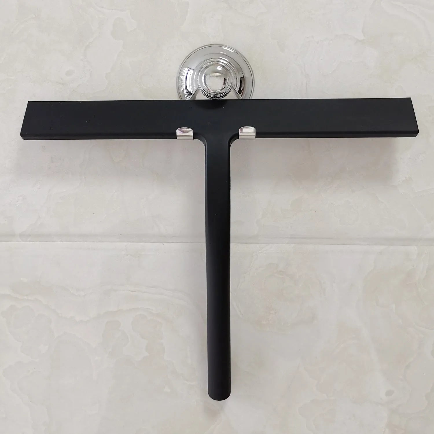Silicone body wiper 22.8cm with metal-reinforced handle and hanging hook, black colour on glass surface