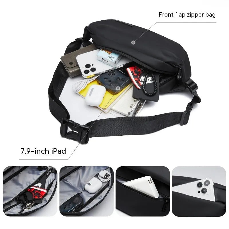 Black men's messenger bag made from Oxford cloth with a one-shoulder strap and street style details.