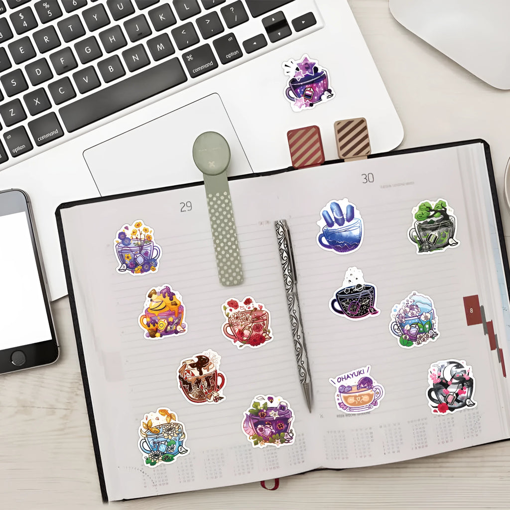 Colourful tea cup graffiti waterproof stickers for luggage and scooter decoration, 50-piece set
