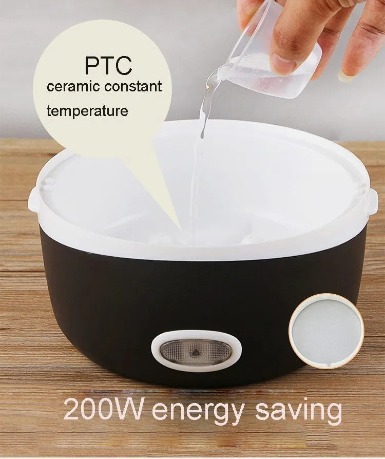 USB electric lunch box showing two-layer and three-layer capacity options with 200W heating power