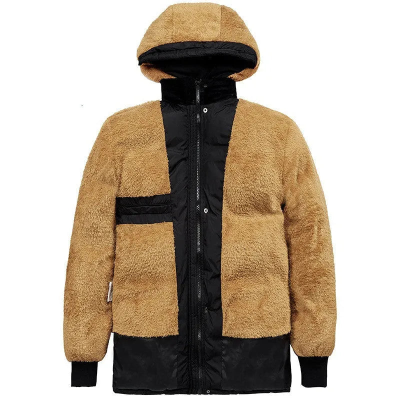 Black men's loose fit velvet padded jacket with double breasted front and attached hood