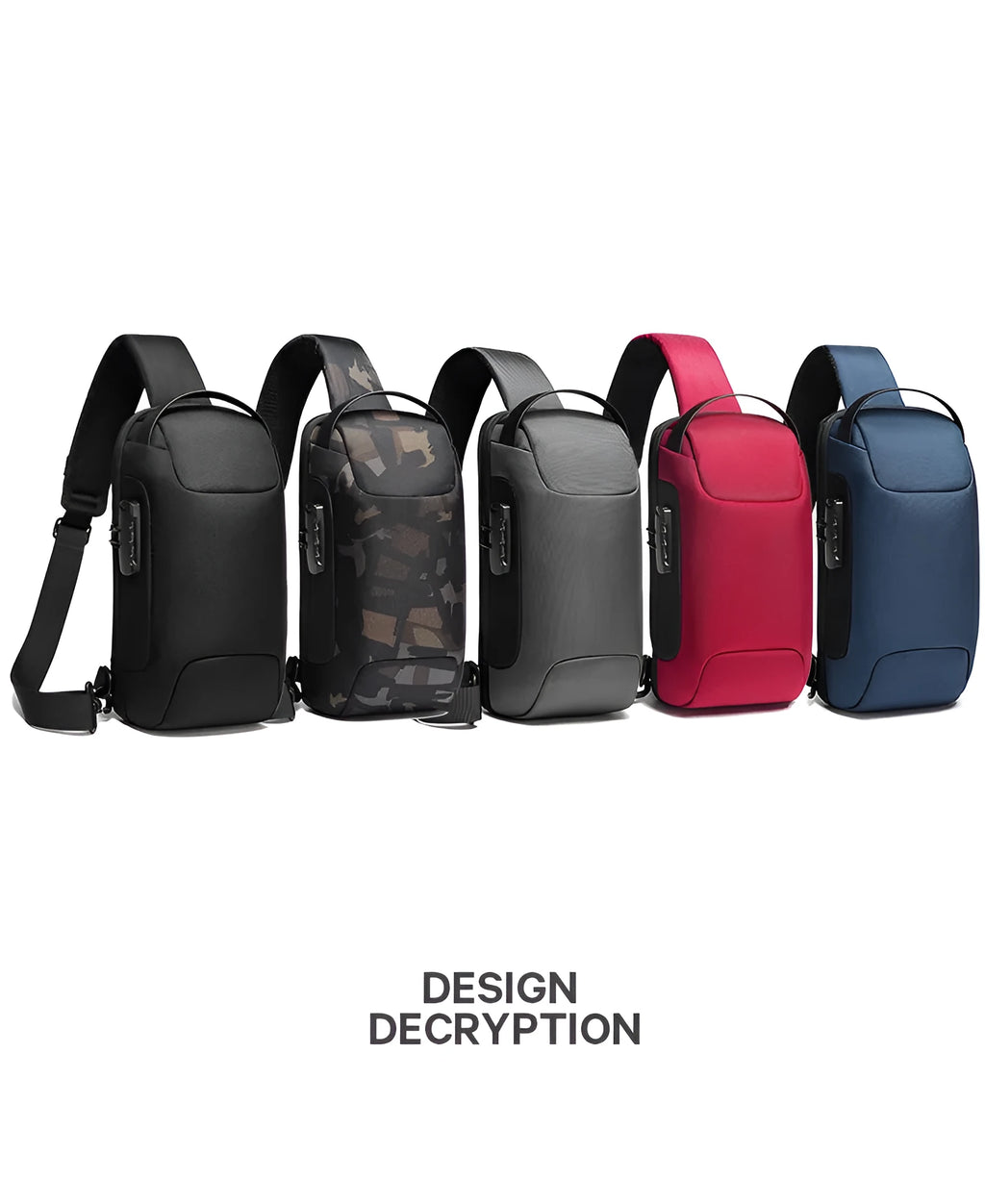 Men's crossbody shoulder bag in high-density Oxford cloth, 18cm x 10cm x 34cm, shown in black, grey, camouflage, blue and red