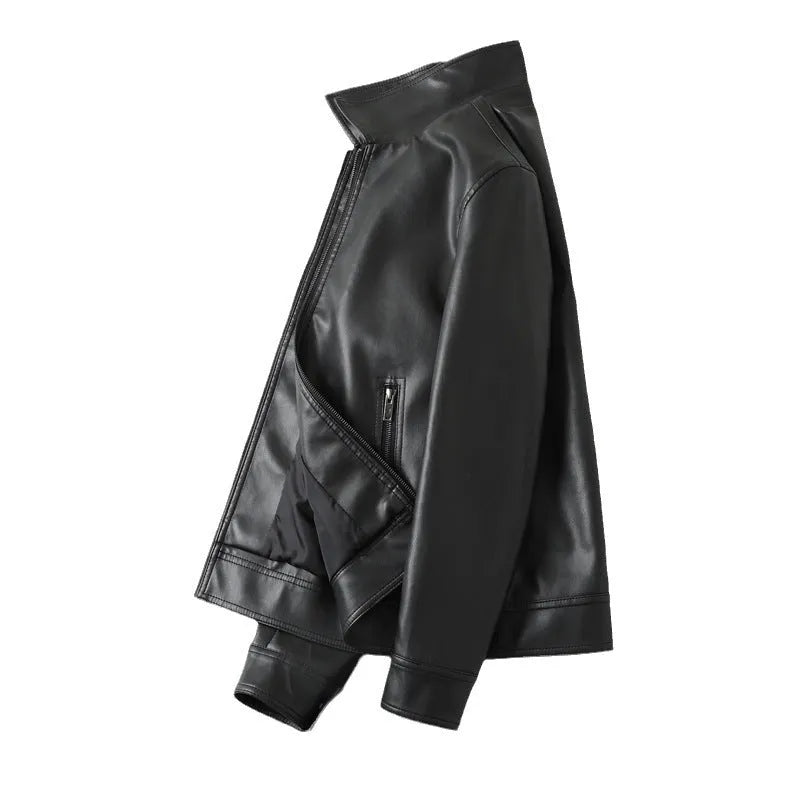 Men's black PU leather casual jacket with zip-up front and zipper pockets.