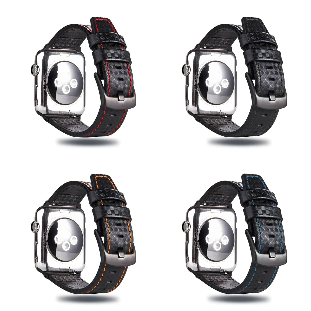 Carbon fibre and leather Apple Watch band with PC hard case in black, blue, orange, and red colour options