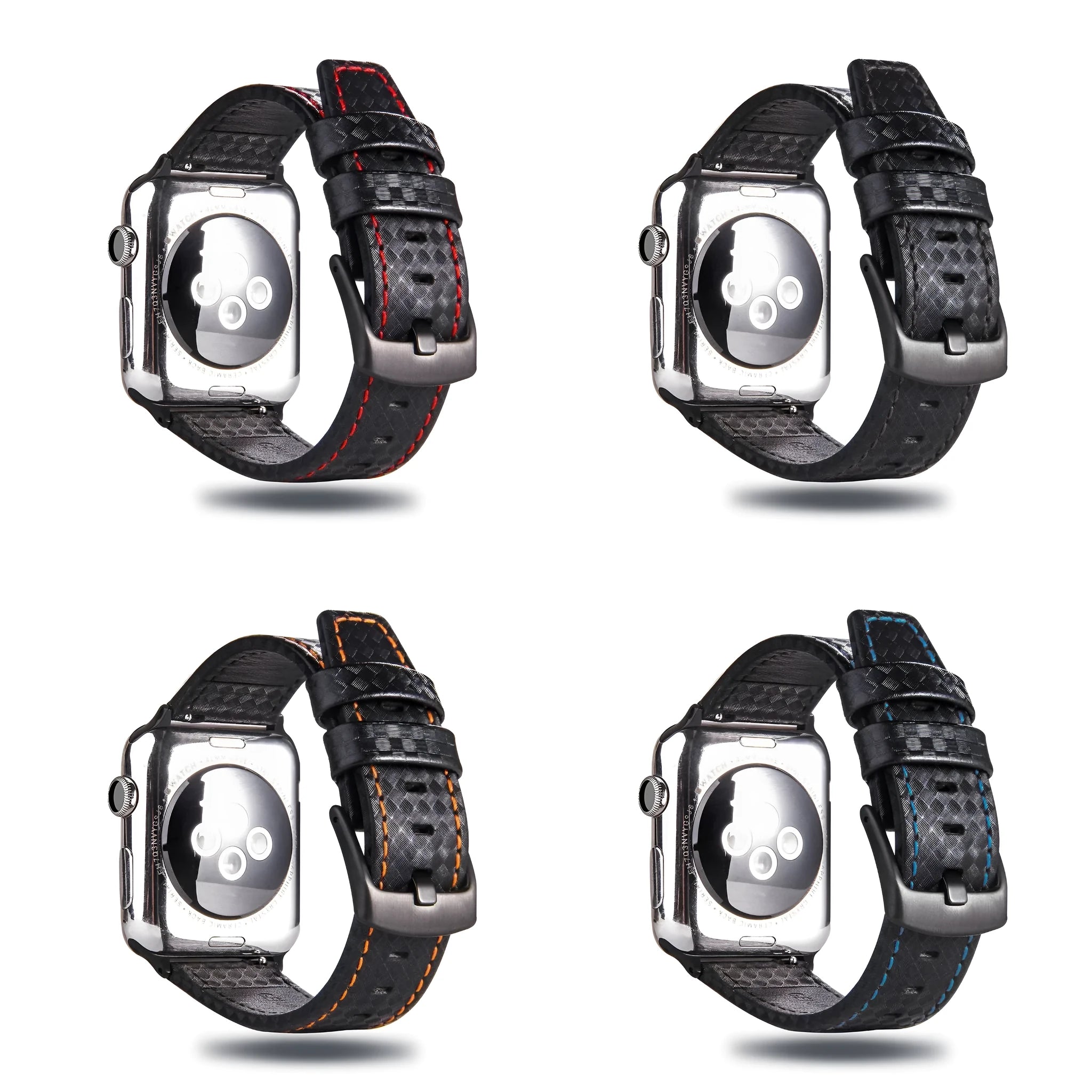 Carbon fibre and leather Apple Watch band with PC hard case in black, blue, orange, and red colour options