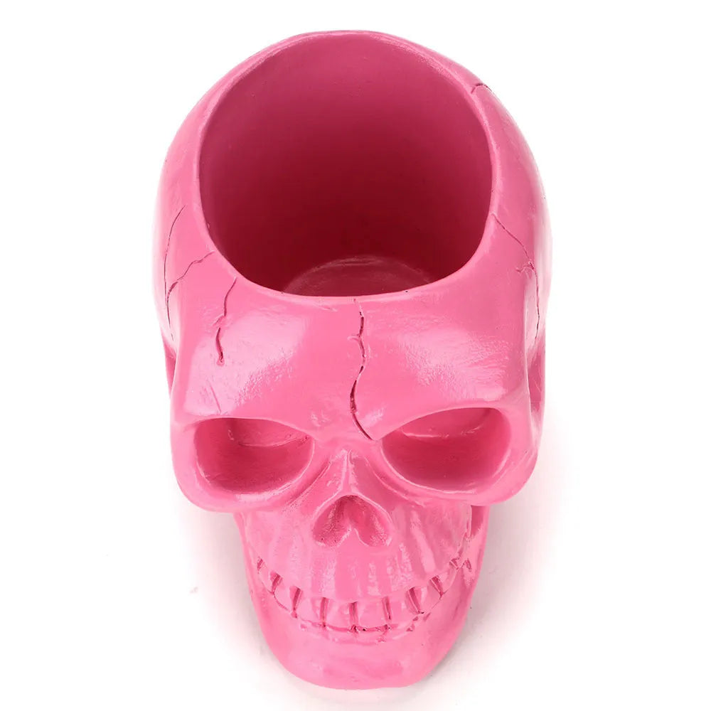 Skull head resin storage tube in black, 11x15x11cm, with brain-shaped interior