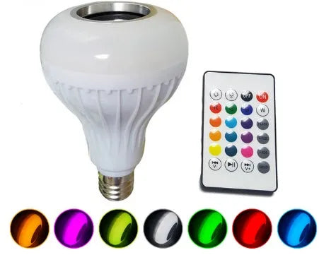 White Bluetooth speaker LED light bulb with E27 base showing multi-colour lighting options