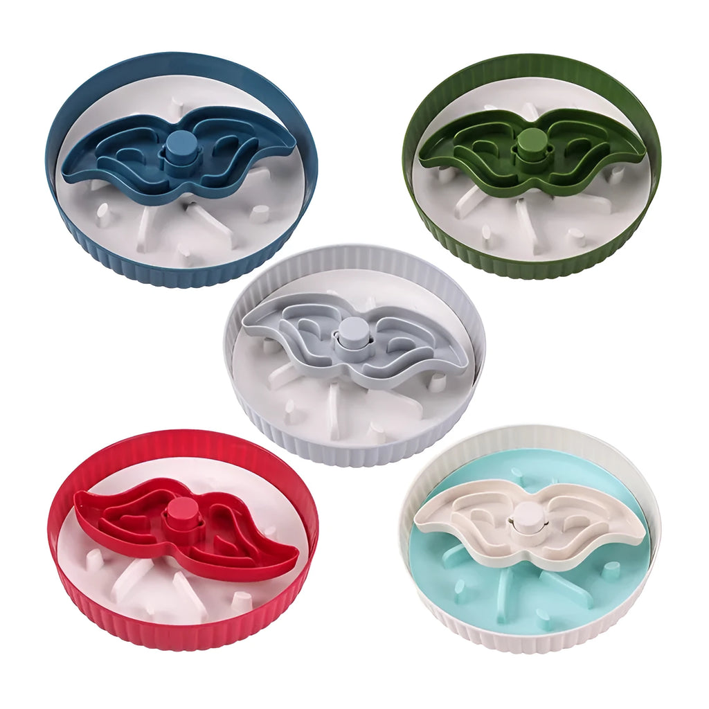 Pet slow feeder bowl with a rotating game board and textured silicone licking mat in various colours.