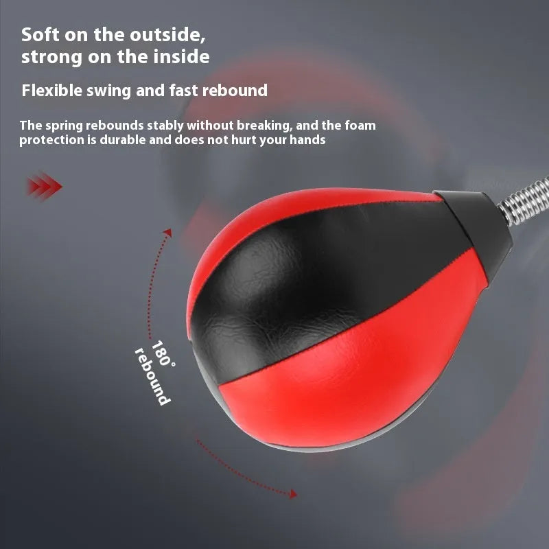 Pear-shaped inflatable boxing training ball with double suction cup mount and red-black colour design