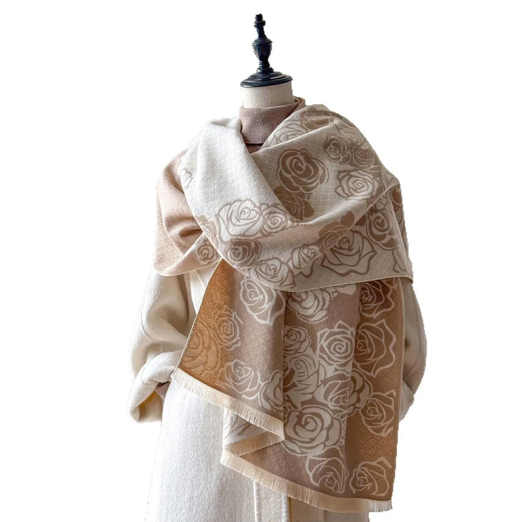 Grey imitation cashmere winter shawl with tassels, shown draped.