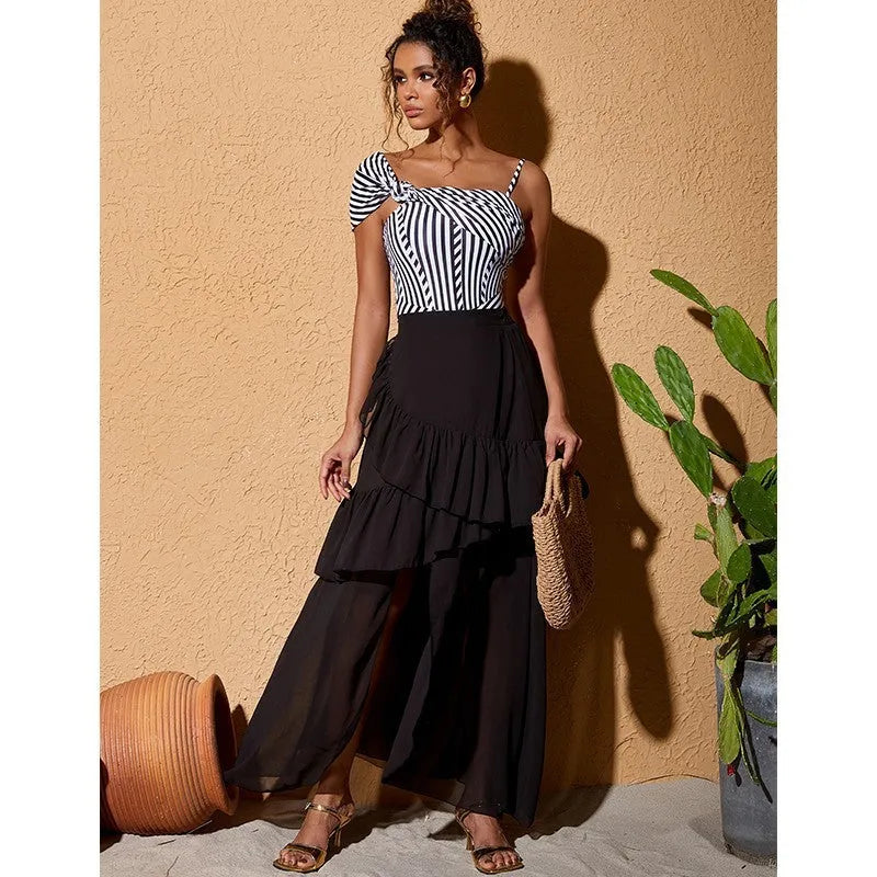 Women's ruffled one-piece swimsuit in striped pattern or black skirt design