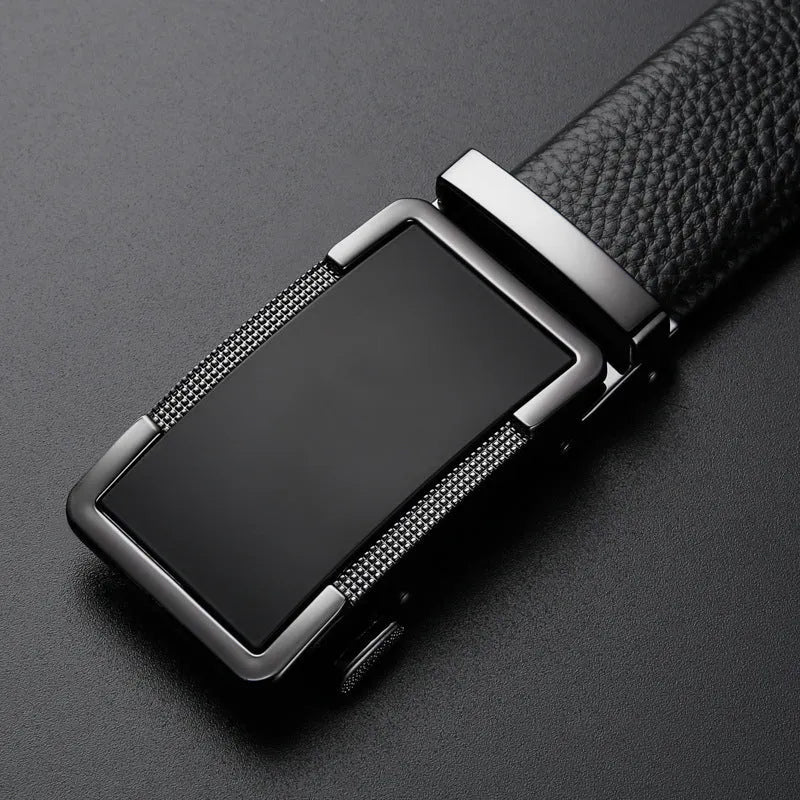 Men's leather belt with automatic comfort click buckle in gun black, silver, or gold colour