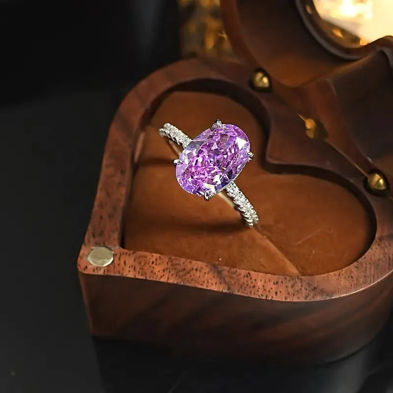 Simple violet starry zircon open mouth ring for women, copper with electroplating, geometric ellipse shape
