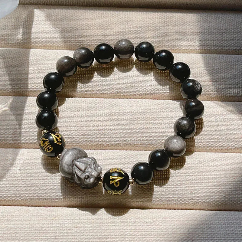 Men's silverstone beaded bracelet with Chinese zodiac motifs and engraved proverbs on adjustable 20cm band