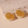 Vintage print round stud earrings with silver needle, alloy body, gold or silver printed finish, 1 pair