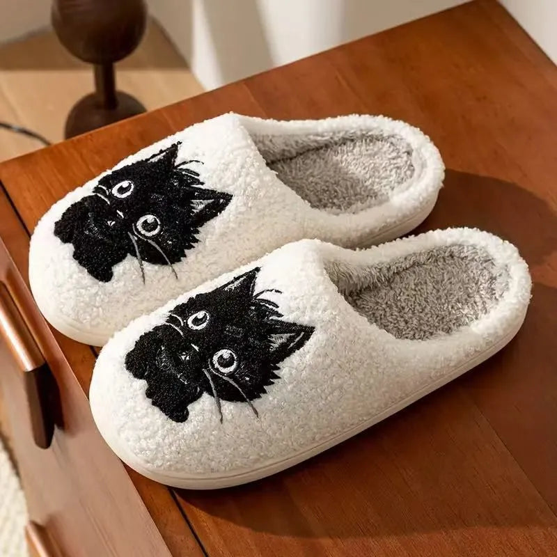 White plush slippers with Black Beard Cat couple cartoon pattern and non-slip TPR soles.