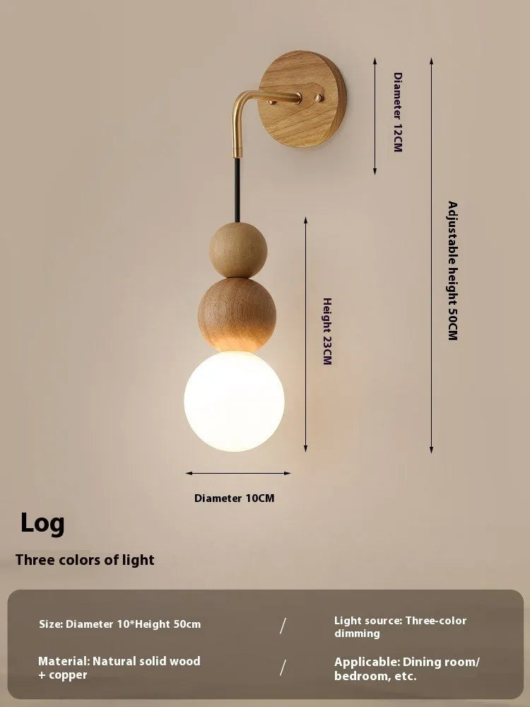 Wood and copper wall lamp with suspension wire and tri-colour light, 10cm diameter