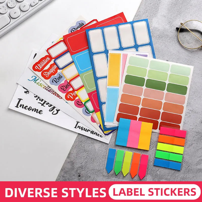 Assortment of handwritten label adhesive stickers showing A6 ruler, grid layouts, and coloured sticky notes.