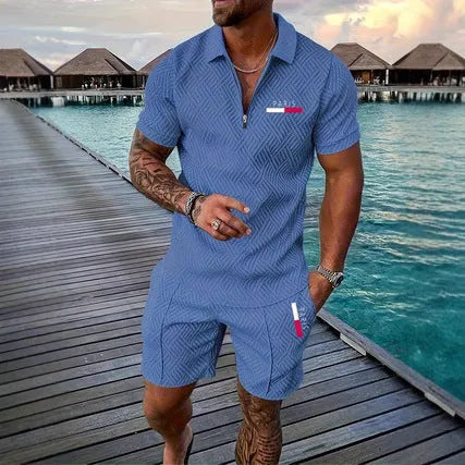 Men's retro plaid beach suit with PARIS heat transfer patch, short-sleeve T-shirt and shorts set in nine colours