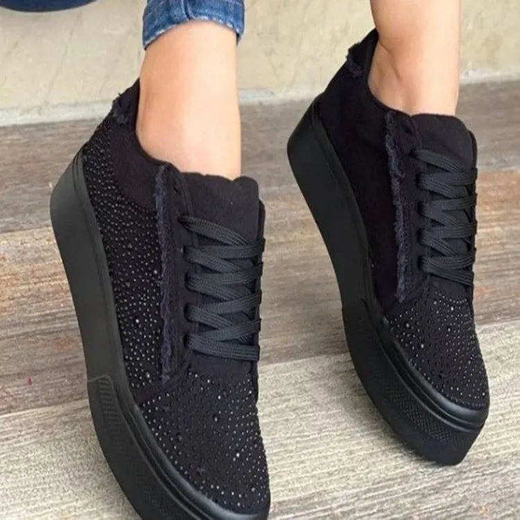 Plus size women's black casual shoes with rhinestones, thick rubber soles and lace-up front