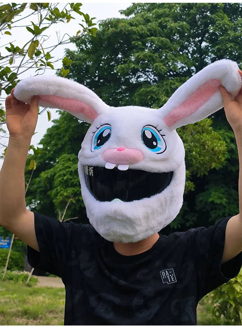 White long-eared rabbit head helmet cover for electric motorcycle with plush pp cotton material